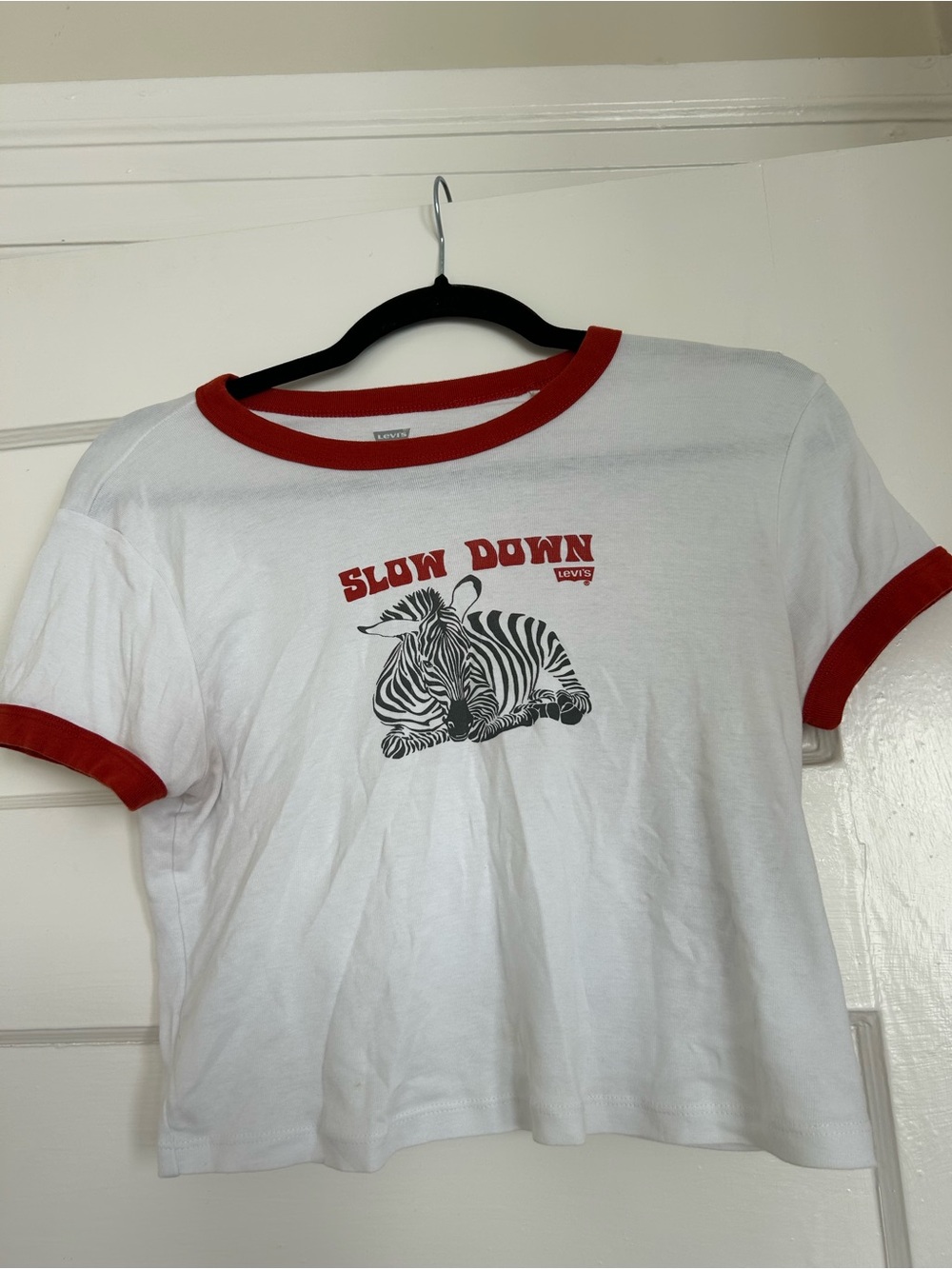 Levi's White & Red Ringer Tee with Zebra 'Slow Down' Graphic